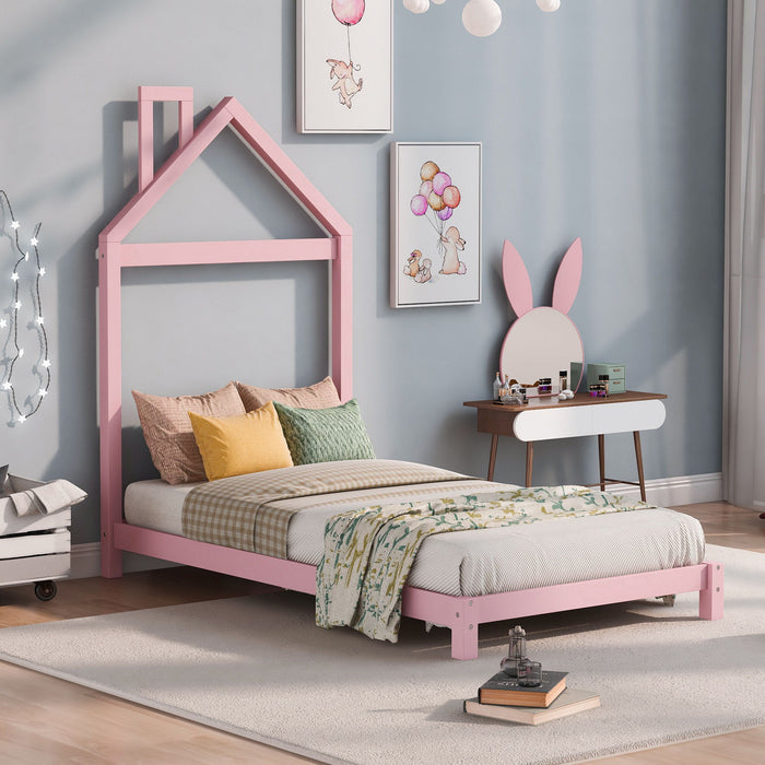 Twin Size Wood Platform Bed With House Shaped Headboard (Pink)