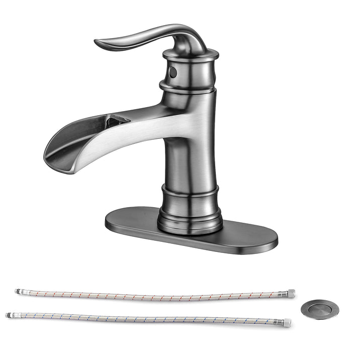 Waterfall Spout Bathroom Faucet, Single Handle Single Hole With Pop Up Drain, Brushed Nickel