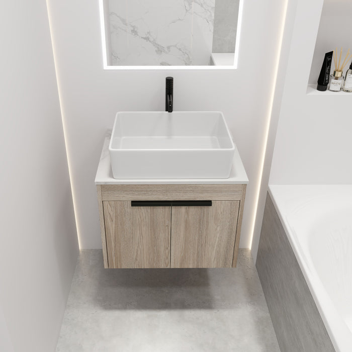 24" Modern Design Float Bathroom Vanity With Ceramic Basin Set, Wall Mounted White Oak Vanity With Soft Close Door, KD-Packing, KD-Packing, 2 Pieces Parcel, Top - Bab110Mowh