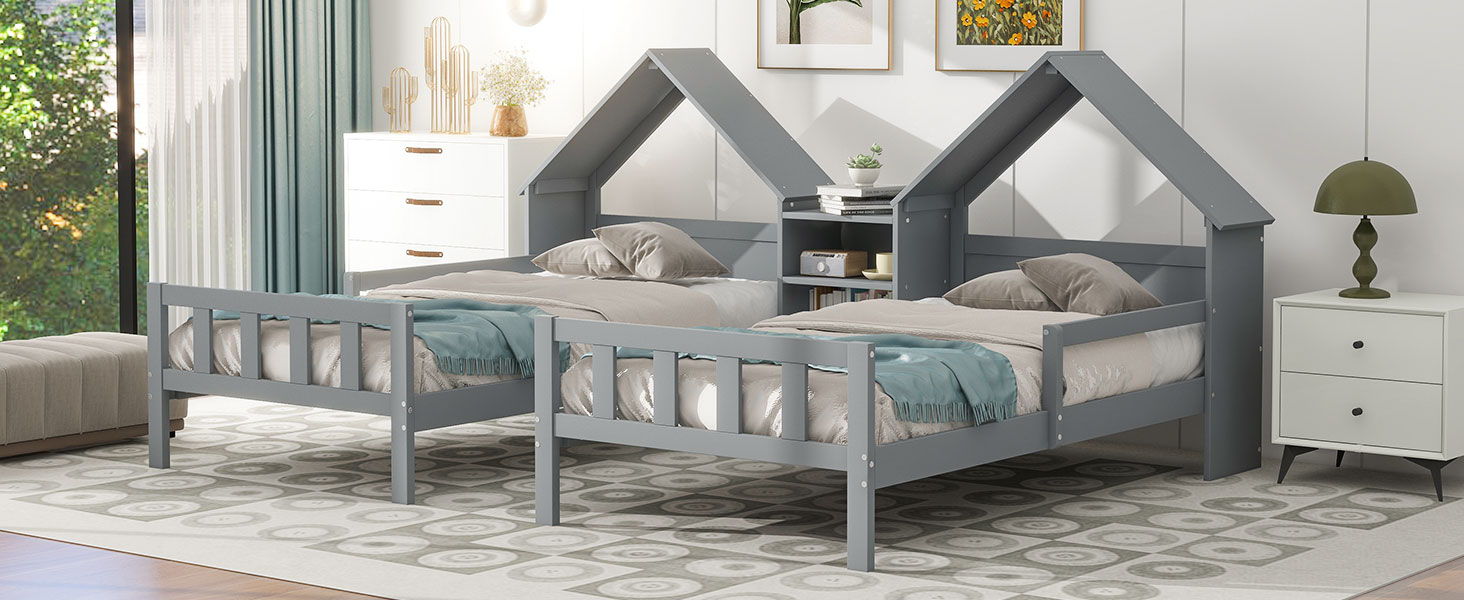 Double Twin Size Platform Bed With House-Shaped Headboard And A Built-In Nightstand, Gray