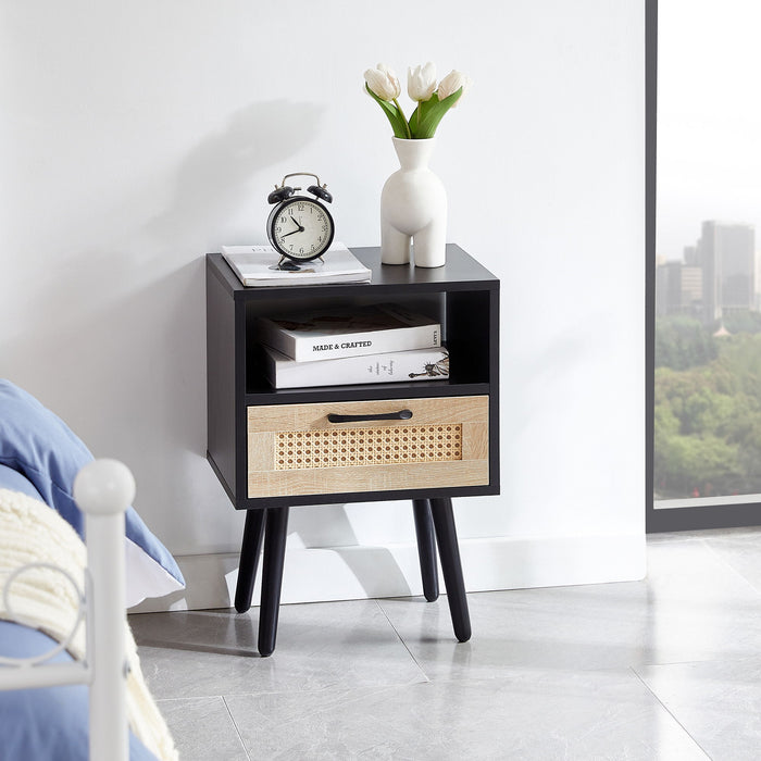 Rattan End Table With Drawer And Solid Wood Legs, Modern Nightstand, Side Table For Living Roon, Bedroom, Black