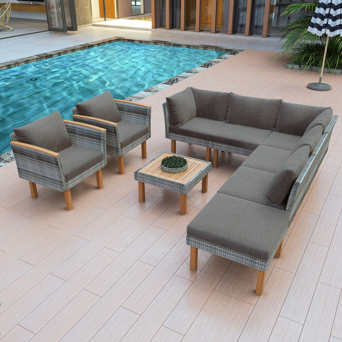Go 9 Piece Patio Rattan Furniture Set, Outdoor Conversation Set With Acacia Wood Legs And Tabletop, Rattan Sectional Sofa Set With Coffee Table, Washable Cushion, Gray
