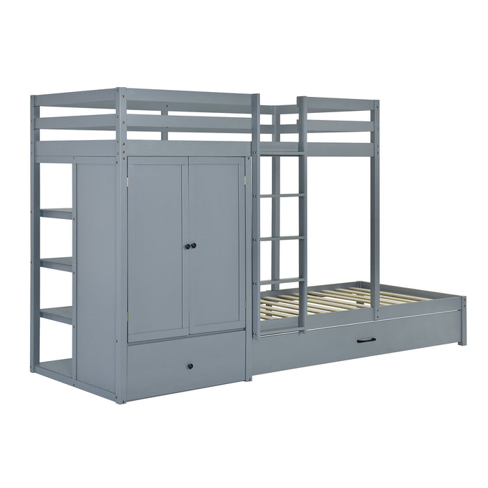 Twin-Over-Twin Bunk Bed With Wardrobe, Drawers And Shelves, Gray