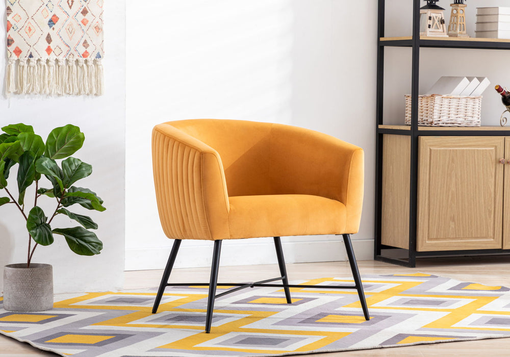 Luxurious Design 1 Piece Accent Chair Yellowish Orange Velvet Clean Line Design Fabric Upholstered Black Metal Legs Stylish Living Room Furniture