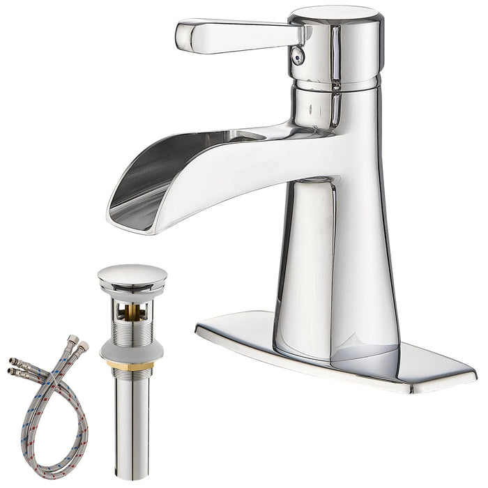 Waterfall Single Hole Single Handle Low Arc Bathroom Sink Faucet With Pop Up Drain Assembly In Polished Chrome