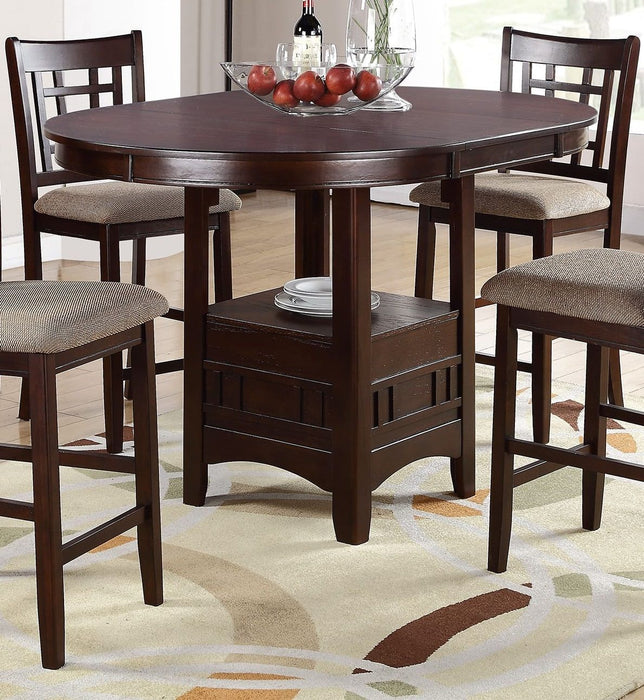 Dining Table Round Counter Height Dining Table Shelve 1 Piece Table Only Solid Wood Dark Rosy Brown Finish