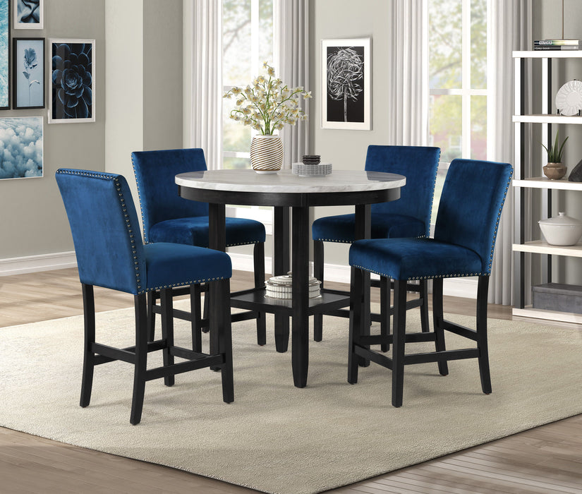 Transitional 5 Pieces Round Counter Height Dining Table Set, Faux Marble Upholstered Royal Blue Fabric Dining Room Wooden Furniture