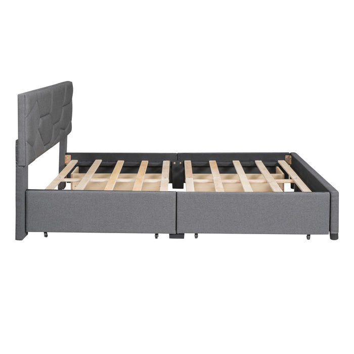 Queen Size Upholstered Platform Bed With Brick Pattern Headboard And 4 Drawers, Linen Fabric, Gray