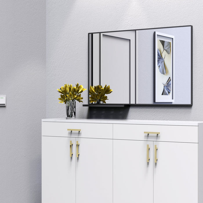 Modern Black Bathroom Mirror With Storage Rack Aluminum Frame Rectangular Decorative Wall Mirrors