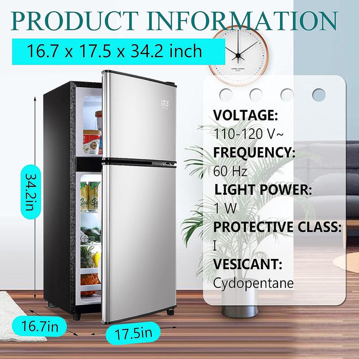 35CuFt Compact Refrigerator Mini Fridge With Freezer, Small Refrigerator With 2 Door, 7 Level Thermostat Removable Shelves For Kitchen, Dorm, Apartment, Bar, Office Silver
