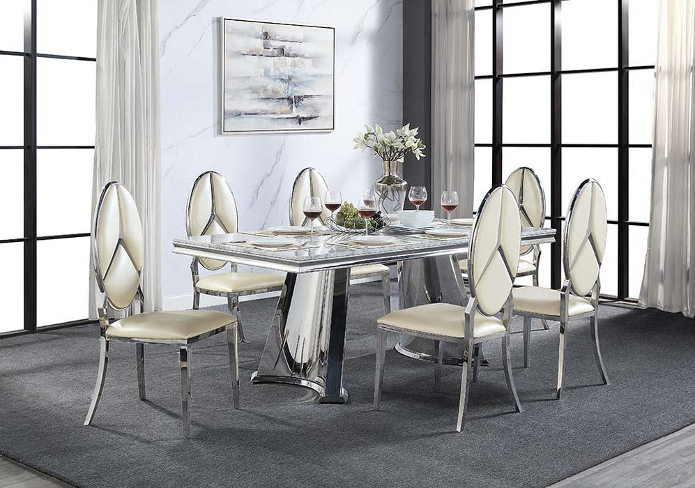 Destry Dining Table - Faux Marble Top & Mirrored Silver Finish Unique Piece Furniture