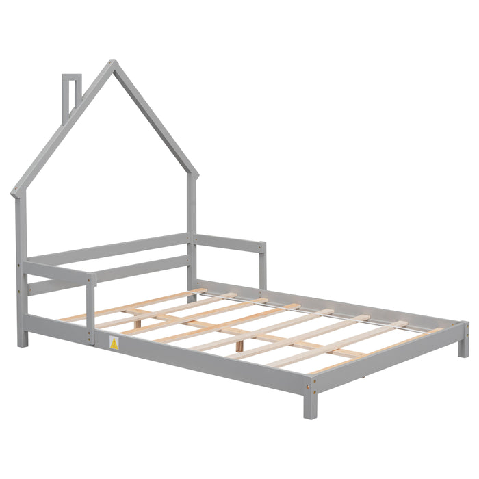 Full House - Shaped Headboard Bed With Handrails, Slats, Grey