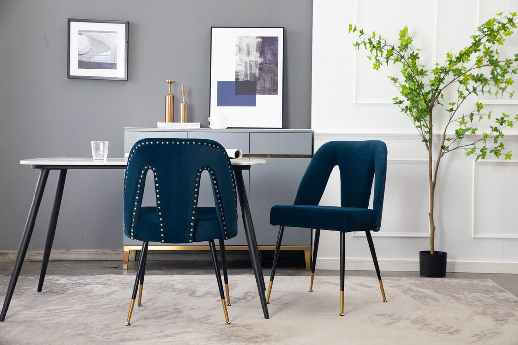 Akoya Collection Modern Contemporary Velvet Upholstered Dining Chair With Nailheads And Gold Tipped Black Metal Legs, Blue, (Set of 2)