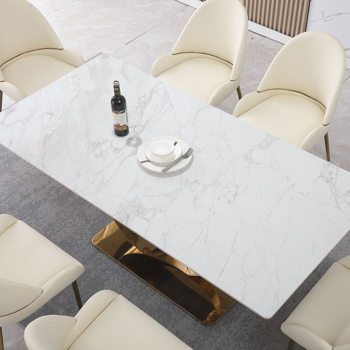 Stone Diningtable With Carrara White Color And Round Special Shape Carbon Steel Pedestal Base With 6 Chairs