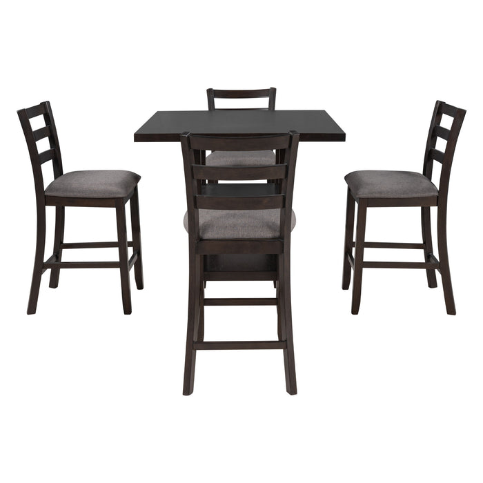 Trexm 5 Piece Wooden Counter Height Dining Set With Padded Chairs And Storage Shelving - Espresso