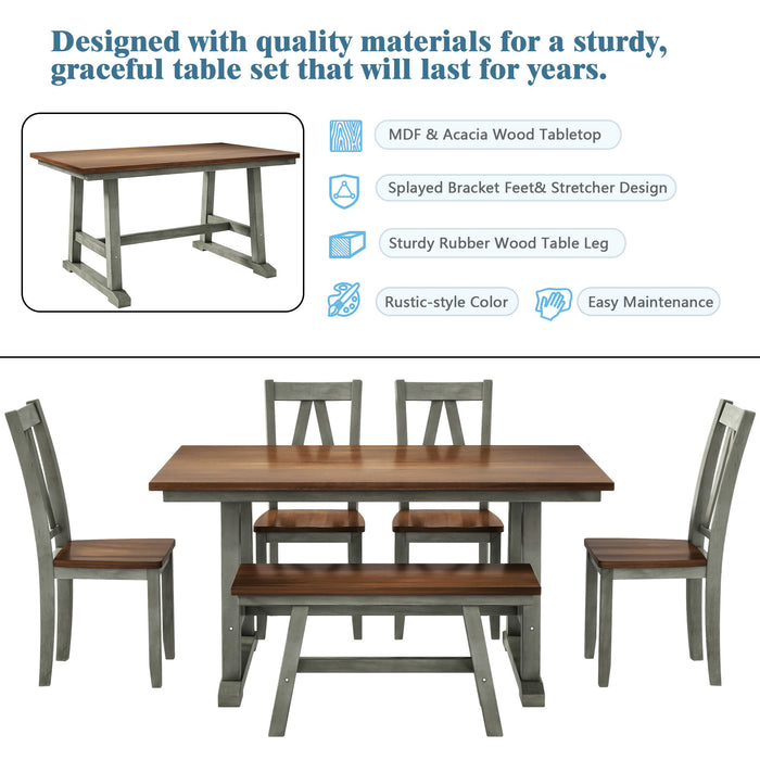 Topmax 6 Piece Wood Dining Table Set Kitchen Table Set With Long Bench And 4 Dining Chairs, Farmhouse Style, Walnut / Gray