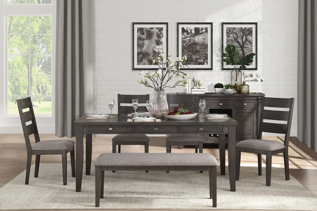 Gray Finish 6 Pieces Dining Set Table With 6 Drawers And 4 Side Chairs Bench Upholstered Seat Transitional Dining Room Furniture