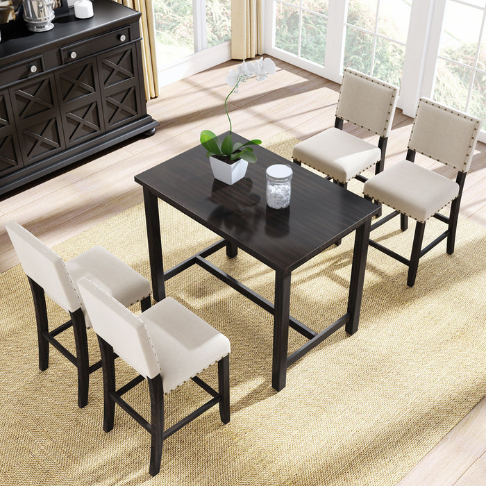 Topmax 5 Piece Rustic Wooden Counter Height Dining Table Set With 4 Upholstered Chairs For Small Places, Espresso / Beige