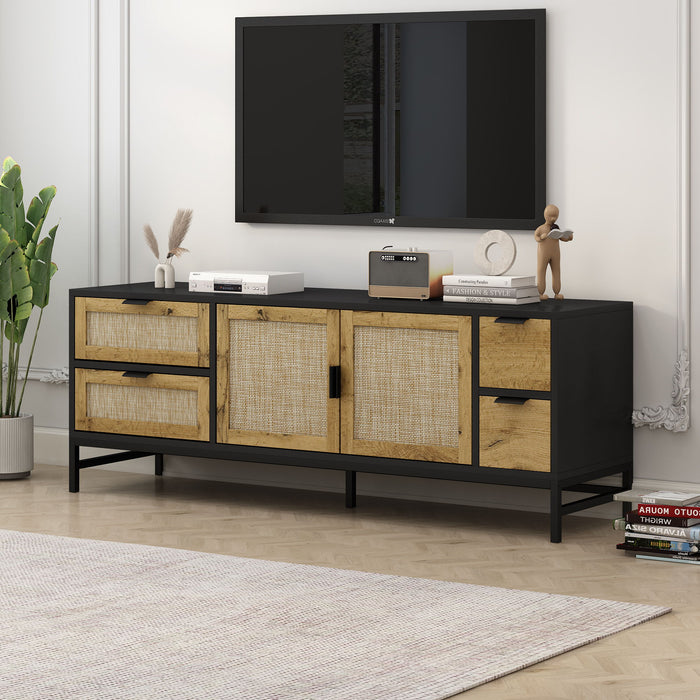 On-Trend Elegant Rattan TV Stand For Tvs Up To 65", Boho Style Media Console With Adjustable Shelves, Sleek TV Console Table With Wood Grain Surface For Living Room, Steel Gray