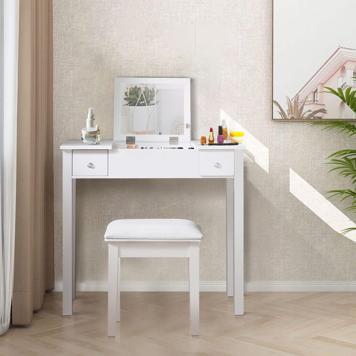 Accent White Vanity Table With Flip - Top Mirror And 2 Drawers, Jewelry Storage For Women Dressing