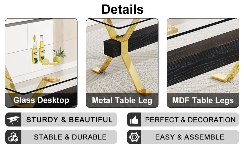 1 Table And 6 Chairs Modern, Simple And Luxurious Tempered Glass Rectangular Dining Table And Desk With 6 White PU Gold