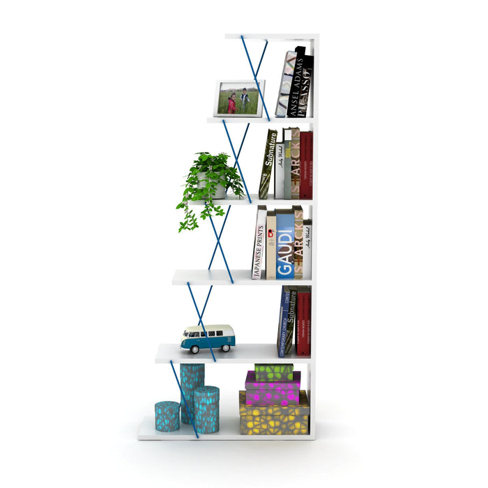 Furnish Home Store Modern 5 Tier Ladder Bookshelf Organizers, Narrow Bookshelf For Small Spaces Office Furniture Bookcase, White/Blue