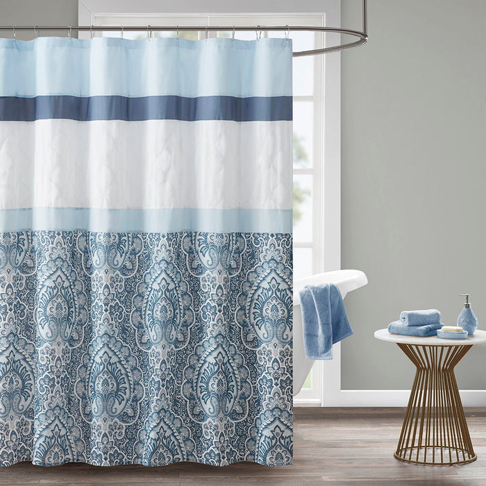 Printed And Embroidered Shower Curtain - Blue