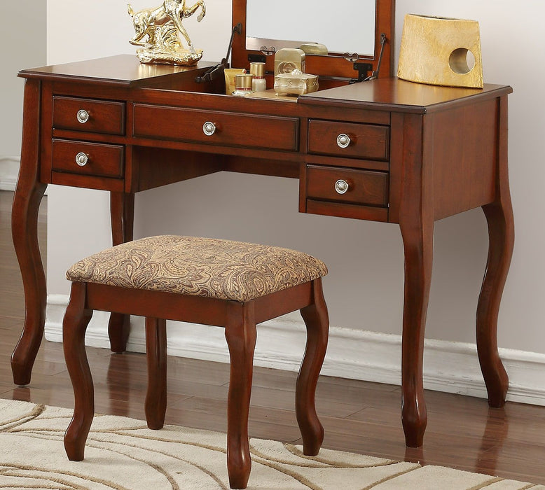 Classic 1 Piece Vanity Set Stool Cherry Color Drawers Open-Up Mirror Bedroom Furniture Unique Legs Cushion Seat Stool Vanity