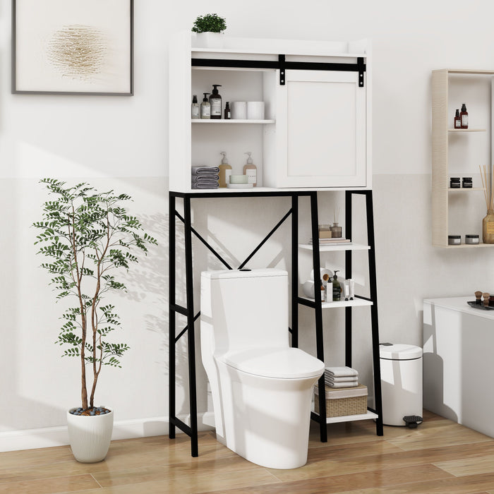 Over The Toilet Storage Cabinet, Bathroom Shelves Over Toilet With Sliding Barn Door, Adjustable Shelves And Side Storage Rack - White