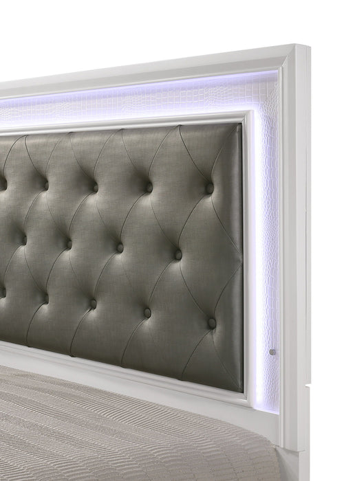 Modern White Crocodile Skin Finish Upholstered 1 Piece Full Size Led Panel Bed Faux Diamond Tufted Bedroom Furniture