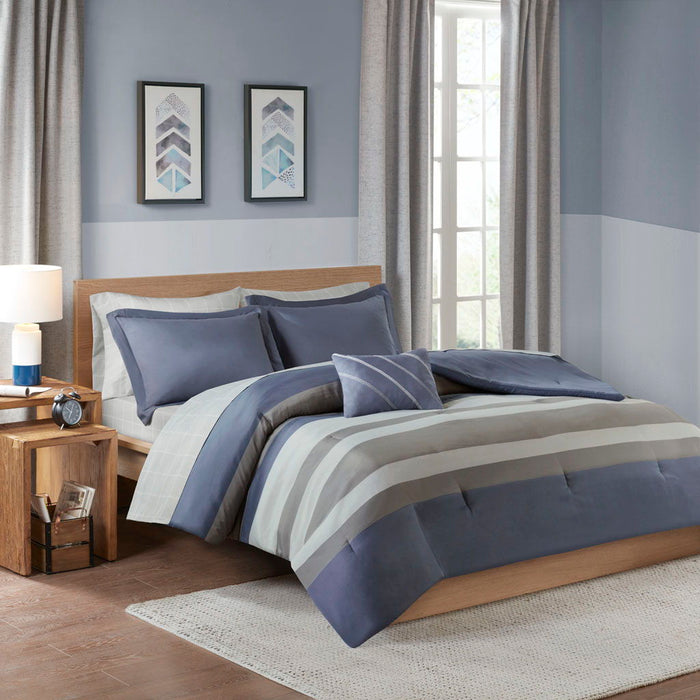 Striped Comforter Set With Bed Sheets Blue / Grey