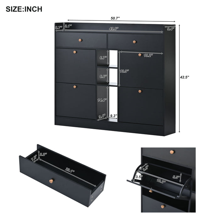 On-Trend Modern Shoe Cabinet With 4 Flip Drawers, Multifunctional 2-Tier Shoe Storage Organizer With Drawers, Free Standing Shoe Rack For Entrance Hallway, Black