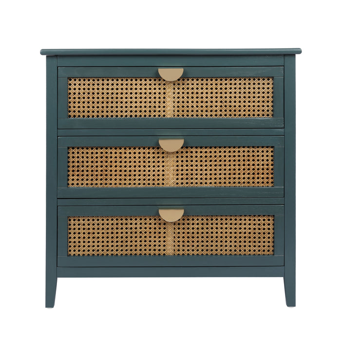 3 Drawer Cabinet, Natural Rattan, American Furniture, Suitable For Bedroom, Living Room, Study - Green