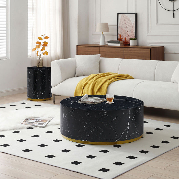 Modern Faux Marble Coffee Tables For Living Room, 35.43 Inch Accent Tea Tables With Gold Metal Base (Black)