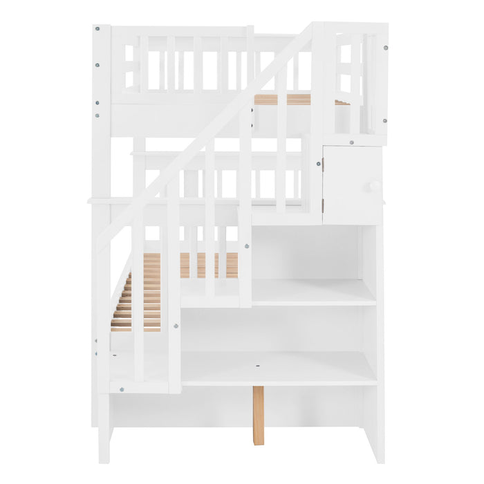 Stairway Twin Over Twin Bunk Bed With Storage And Guard Rail For Bedroom, Dorm, White Color