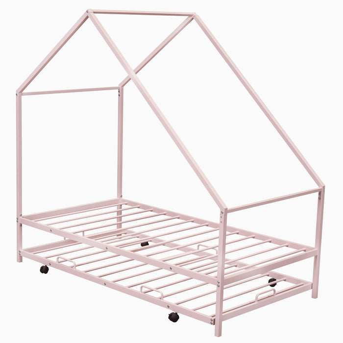 Metal House Bed With Trundle, Twin Size House Bed Pink