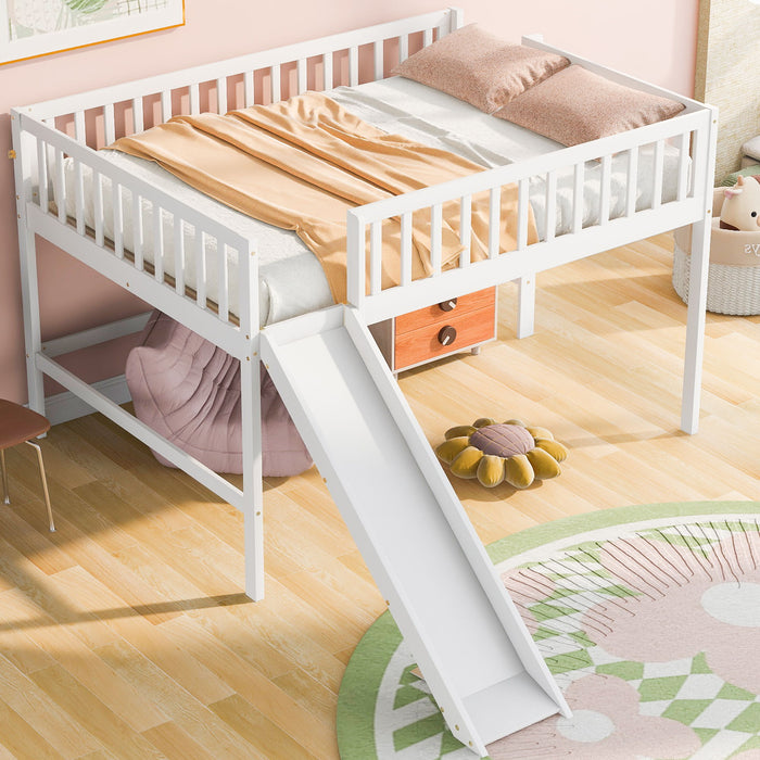 Full Size Low Loft Bed With Ladder And Slide, White