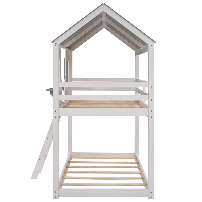 Twin Over Twin Bunk Bed Wood Bed With Roof, Window, Guardrail, Ladder (White)