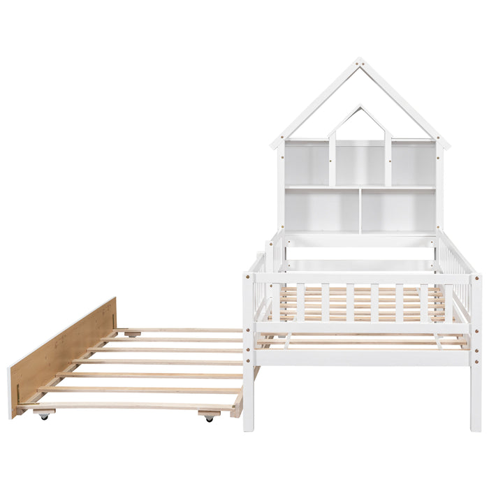 Twin Size House-Shaped Headboard With Fence Guardrails And Trundle, White