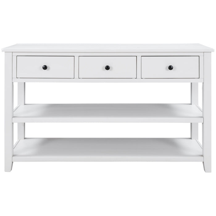 Trexm Retro Design Console Table With Two Open Shelves, Pine Solid Wood Frame And Legs For Living Room (Antique White)