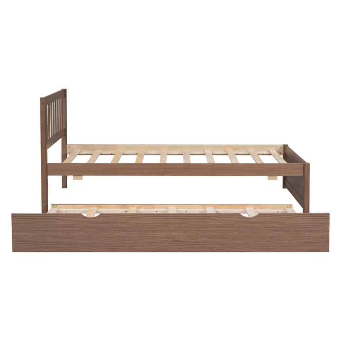 Modern Design Wooden Twin Size Platform Bed Frame With Trundle For Walnut Color
