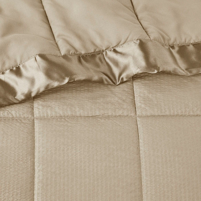 Oversized Down Alternative Blanket With Satin Trim In Taupe