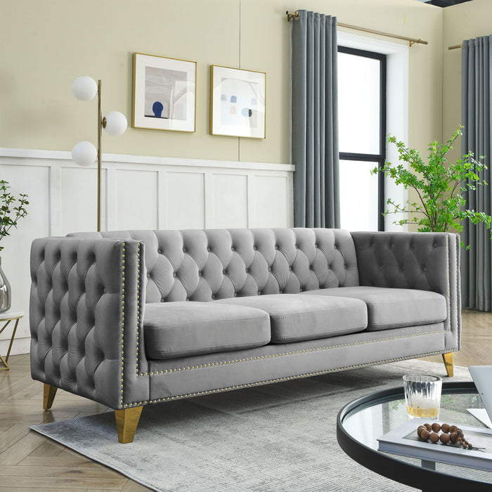 Velvet Sofa For Living Room, Buttons Tufted Square Arm Couch, Modern Couch Upholstered Button And Metal Legs, Sofa Couch For Bedroom, Grey Velvet 2 Pieces