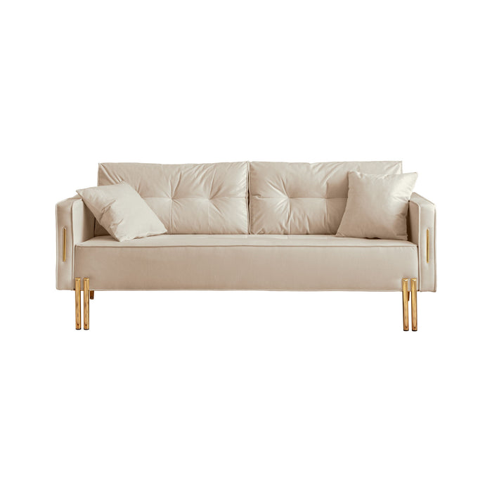 Velvet Sofa Couch Luxury Modern Upholstered 3 Seater Sofa With 2 Pillows For Living Room, Apartment And Small Space - Beige