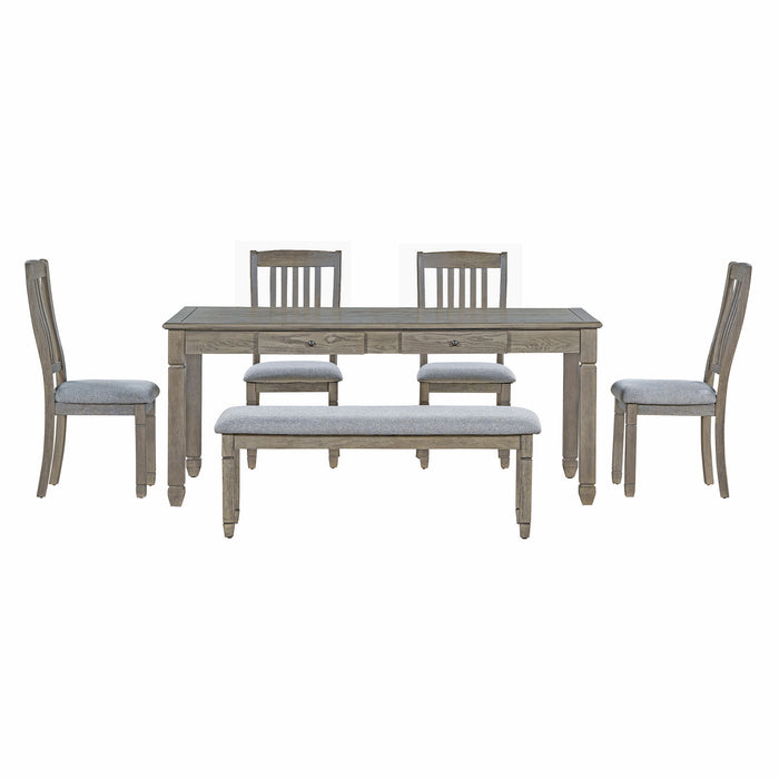 Trexm 6 Piece Retro 72'L Rectangular Dining Table Set With 4 Drawers, 4 Upholstered Chairs & 1 Bench For Dining Room (Gray)