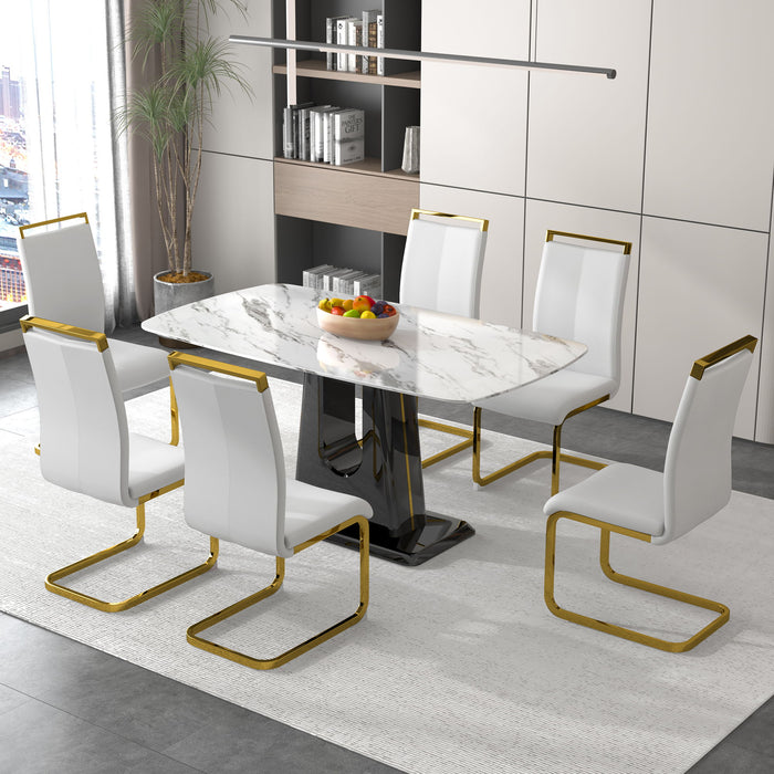 A Modern, Minimalist, And Luxurious Dining Table With A White Imitation Marble Tabletop And MDF Legs With U-Shaped Brackets. Tables In Restaurants And Living Rooms