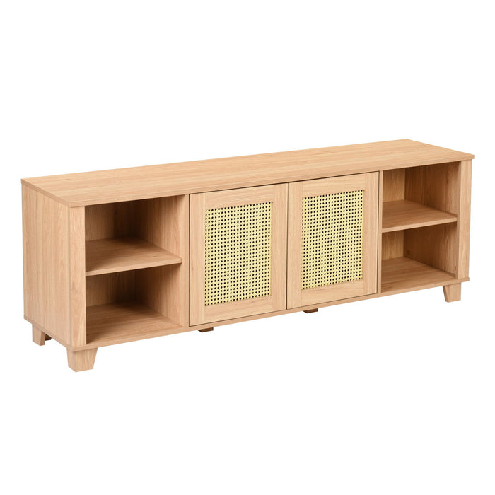 64.4" Rattan TV Stand For 65/70" TV Living Room Storage Console Entertainment Center, 2 Open Doors