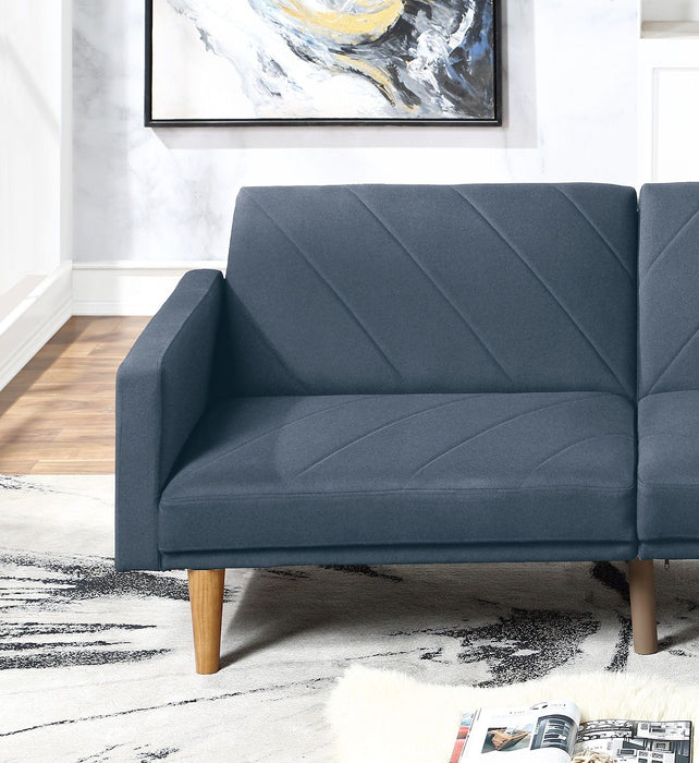 Modern Electric Look 1 Piece Convertible Sofa Couch Navy Color Linen Like Fabric Cushion Wooden Legs Living Room