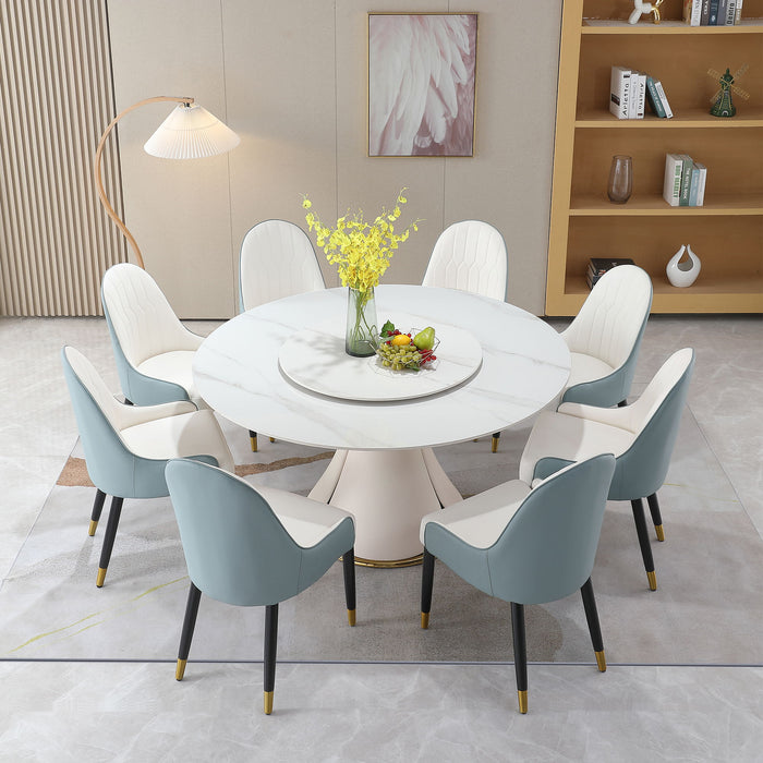 Modern Sintered Stone Dining Table With Round Turntable With Wood And Metal Exquisite Pedestal With 8 Pieces Chairs