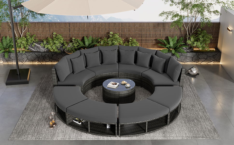 9 Piece Outdoor Patio Furniture Luxury Circular Outdoor Sofa Set Rattan Wicker Sectional Sofa Lounge Set With Tempered Glass Coffee Table, 6 Pillows, Grey
